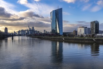 Skyline of the city centre of Frankfurt am Main, river Main, building of the European Central Bank,