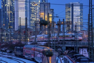 Railway tracks in front of the main station of Frankfurt am Main, ICE train, skyline of the