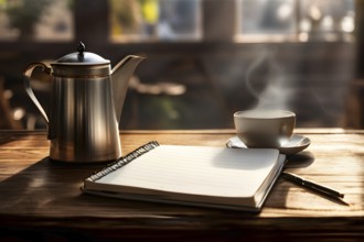 Notebook and coffee cup on a rustic wooden table in a tranquil scenery, AI generated