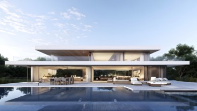 3d render of a modern sustainable house with a swimming pool, AI generated