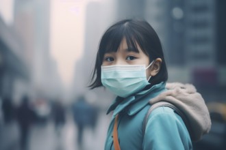 Young Asian woman with medical face mask protecting her from air pollution with blurry city covered