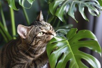 Curious cat trying to eat tropical Monstera houseplant. KI generiert, generiert, AI generated