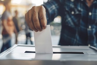 Ballot paper being put in box by man during election. Generative AI, AI generated