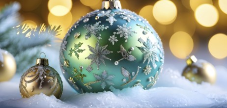 Close up of a frosted green Christmas ornament, detailed with tiny ice crystals, delicate carvings,