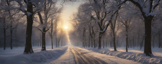 Snow covered tree avenue in warm golden evening light, AI generated