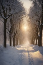 Snow covered tree avenue in warm golden evening light, AI generated