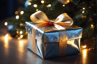 Close-up of a beautifully wrapped Christmas gift with a satin ribbon, set under a glowing Christmas