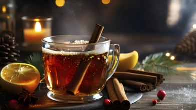 Steaming apple cider in a glass mug, garnished with a cinnamon stick and star anise, surrounded by