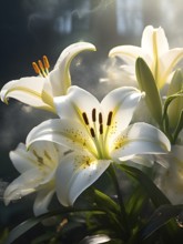 Blooming Easter lilies with soft white petals and a yellow center, bathed in gentle sunlight, AI