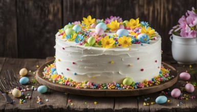 Decorated Easter cake with intricate icing flowers and colorful sprinkles, placed on a rustic