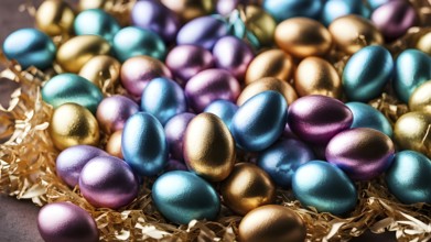 Small chocolate Easter eggs wrapped in shiny foil, placed on a bed of shredded pastel-colored