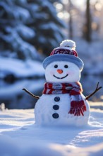 Snowman in an idylic winter landscape, snow covered trees, golden hour light of sunrise, AI