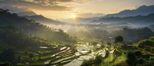 Early morning light bathes Philippines rice terraces cascading down mountain slopes, AI generated