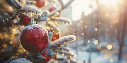 Beautiful Christmas banner with single red bauble ornament on snow covered tree and blurry