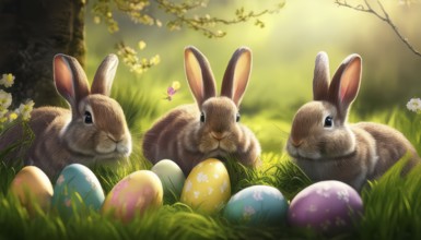 Three bunnies as Easter bunnies with colourful Easter eggs in fresh green grass, AI-generated