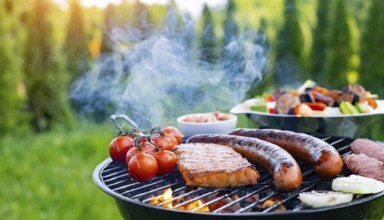 Food, barbecue, barbecue in the garden, meat and sausages on the barbecue, AI generated, AI