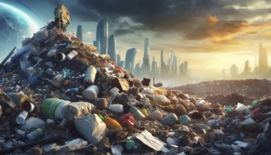 Symbolism, Futuristic, City suffocating in rubbish, AI-generated, AI-generated, AI generated