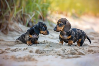 Two cute Dachshund pups looking at each other, AI generated