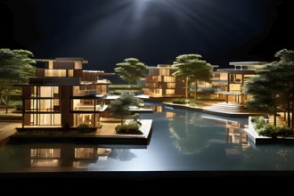 Modern architectural model crafted from polished wood bathed in soft diffuse light, AI generated