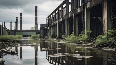 Disjointed remnants of an industrial complex overwhelmed by a massive water flood, AI generated