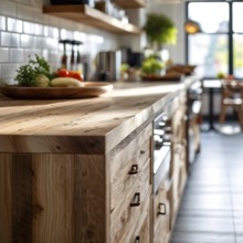 Wooden kitchen with top counter and other modern interior elements, AI generated