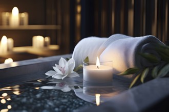 Wellness concept with bathroom spa setting with fluffy towel and candlelight, AI generated