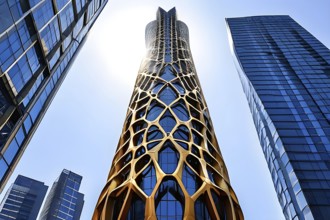 Futuristic skyscraper with termite mounds for natural ventilation and energy efficiency, AI