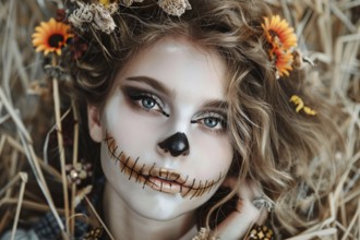 Young woman with Halloween scarecrow costume makeup with blurry grainfield in background.