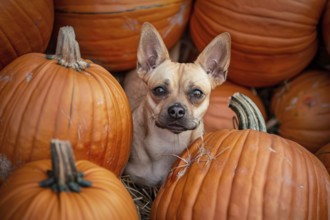 Cute dog between large orange pumpkins. Generative Ai, AI generated