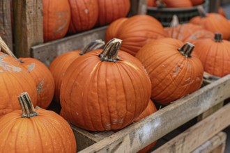 Orange pumpkins in crate at market. Generative Ai, AI generated