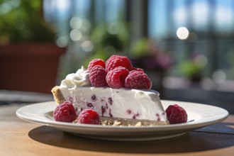 Slice of cream cake with raspberry fruits on plate. KI generiert, generiert AI generated