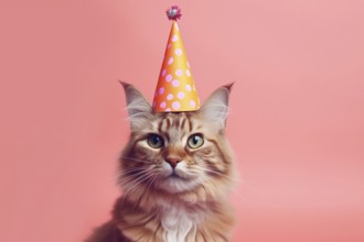 Cat with birthday party hat in front of pink background. KI generiert, generiert AI generated