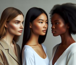 A portrait of three woman of different ethnicities, one European, one Asian and one African, AI