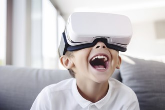 Young happy child wearing white virtual reality goggles. KI generiert, generiert AI generated