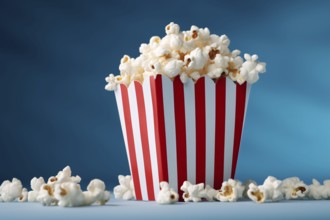 Red and white striped bag with popcorn. KI generiert, generiert, AI generated