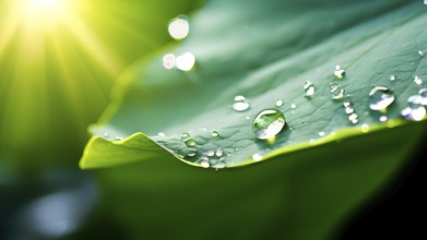 Close up of a lotus leaf showcasing its hydrophobic tendencies repelling water droplets, AI