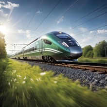 High speed train with an aerodynamic nose modeled after the beak of a kingfisher, AI generated