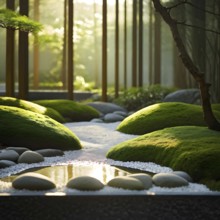 Zen garden bathed in the soft glow of dawn as a serene symbol for relaxation, AI generated