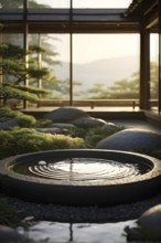 Zen garden bathed in the soft glow of dawn as a serene symbol for relaxation, AI generated