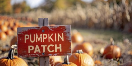 Wooden sign with text 'Pumpkin patch' with orange pumpkins in background. Generative AI, AI