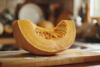 Slice of orange pumpkin with seeds on cutting board in kitchen. Generative AI, AI generated