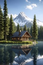 Rustic log cabin nestled in a dense evergreen forest with reflection in a tranquil lake, AI