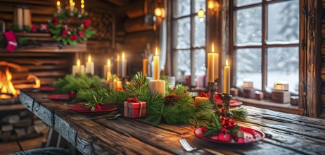 Rustic wooden table in a cabin, covered with Christmas holiday decor, AI generated