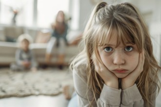 Young stressed girl child with sibling in blurry background. Generative ai, AI generated