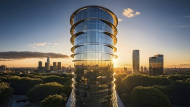 Office building with a full glass facade at golden hour, AI generated