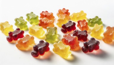 Brightly coloured gummy bears, aesthetically lined up on a white background, AI generated, AI