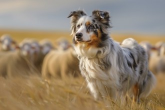 Australian Shepherd dog in front of flock of sheep. KI generiert, generiert, AI generated