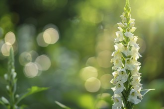 White Digitalis flower with blurry green nature background. KI generiert, generiert, AI generated