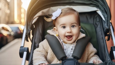 A baby sits smiling in a pram on a city street at sunset, AI generated, AI generated