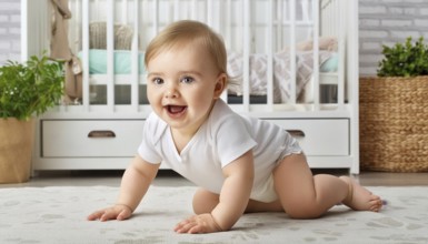 Smiling baby crawls in modern interior, AI generated, AI generated